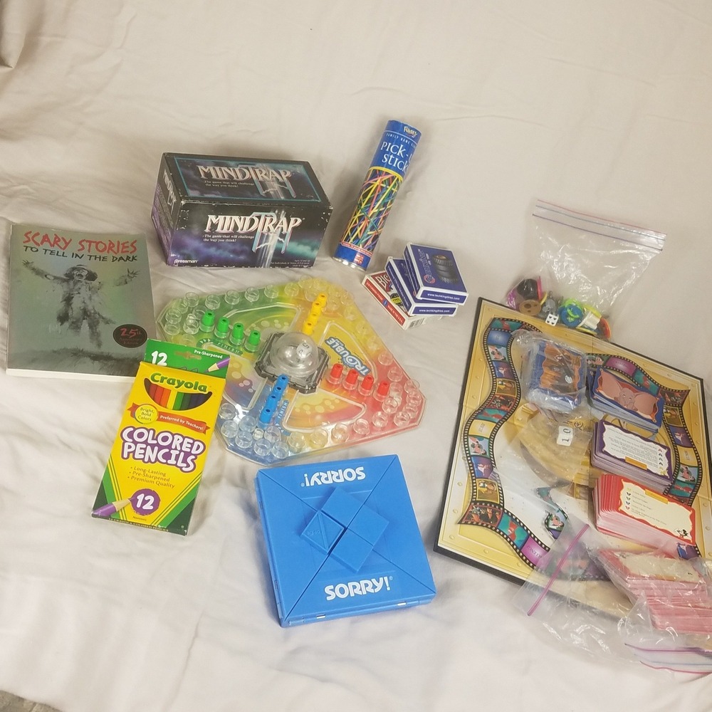 Game Lot RV Travel kit Camping Trouble Sorry trivia crayola cards pickup sticks